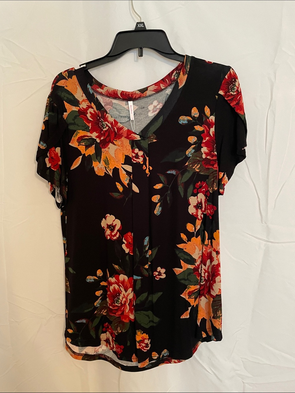 Black Floral V-Neck Short Sleeve Tee with Red & Orange Blooms